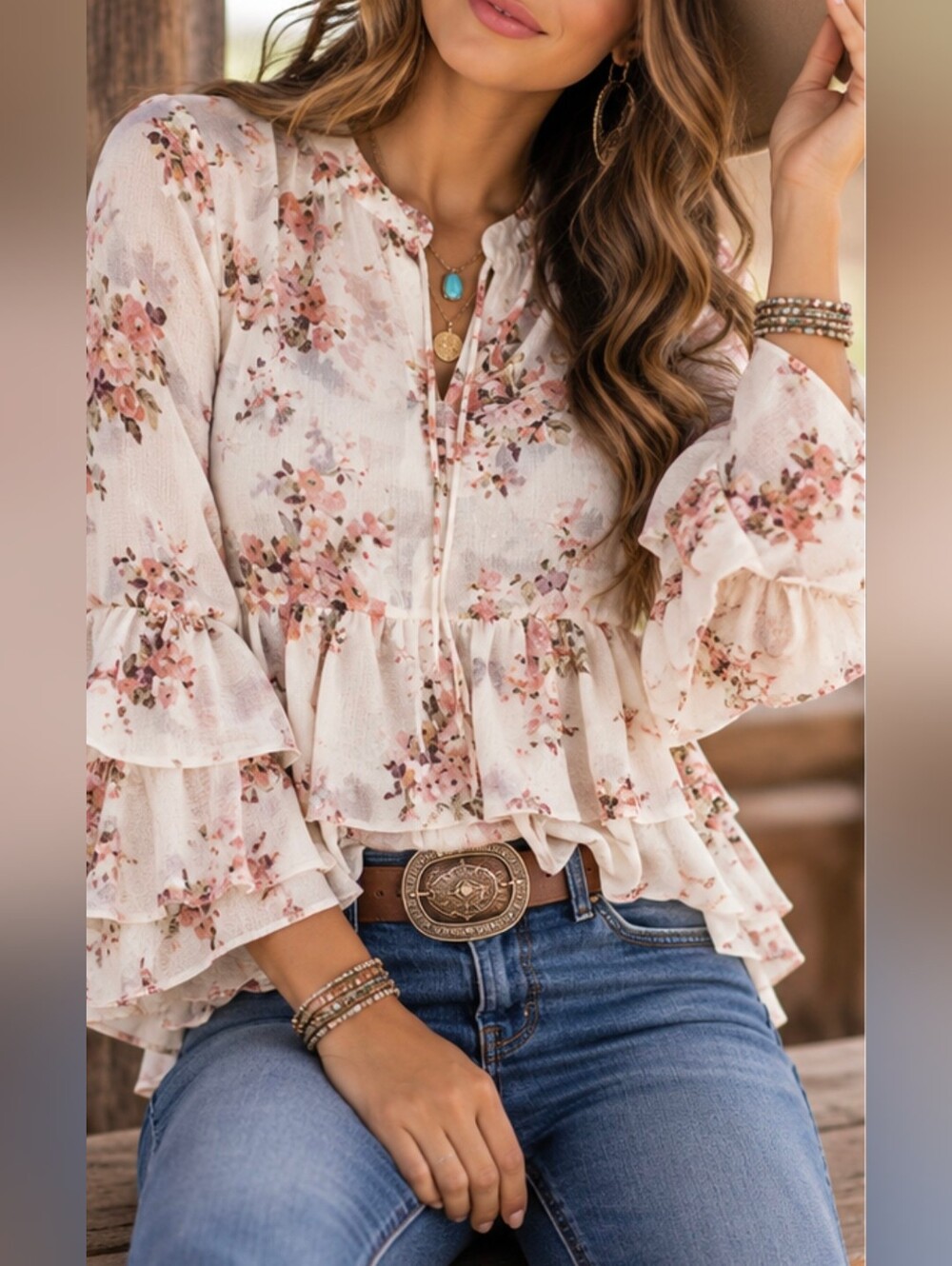 H&M Divided Floral Ruffle Bell Sleeve Blouse Women's Small Boho Romantic Sheer T